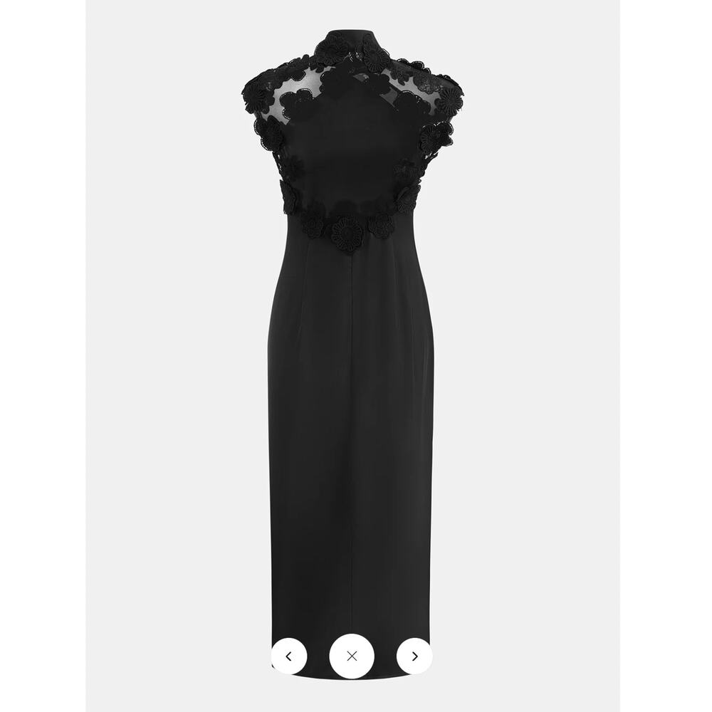 NWT Commense Floral Appliqué Sheer Back Mandarin Collar Maxi Dress Sz L - Picture 5 of 7